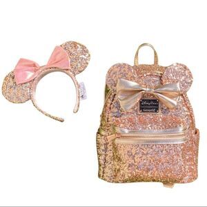 Disney LoungeFly Minnie Mouse Sequin Pink Backpack Minnie Ears Set